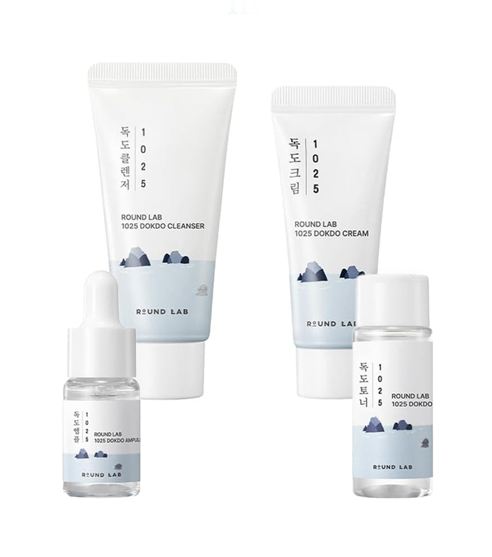 ROUNDLAB 1025 Dokdo Travel Routine Trial Kit (Cleanser 30ml + Toner 20ml + Ampule 10ml + Cream 20ml) – Kit de Rutina Hidratante con Agua de Mar Profunda