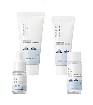ROUNDLAB 1025 Dokdo Travel Routine Trial Kit (Cleanser 30ml + Toner 20ml + Ampule 10ml + Cream 20ml) – Kit de Rutina Hidratante con Agua de Mar Profunda