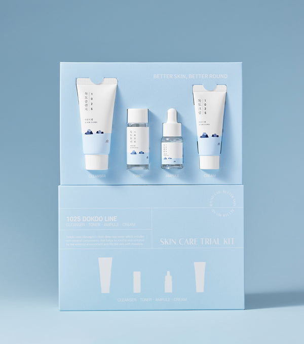 ROUNDLAB 1025 Dokdo Travel Routine Trial Kit (Cleanser 30ml + Toner 20ml + Ampule 10ml + Cream 20ml) – Kit de Rutina Hidratante con Agua de Mar Profunda