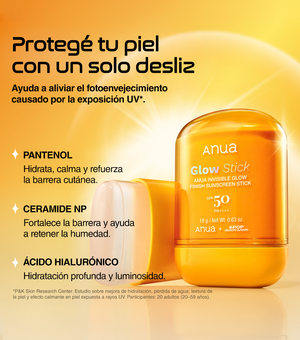 ANUA Invisible Glow Finish Sunscreen Stick 18g - Protector Solar en Barra Transparente con Ácido Hialurónico y Acabado Glow