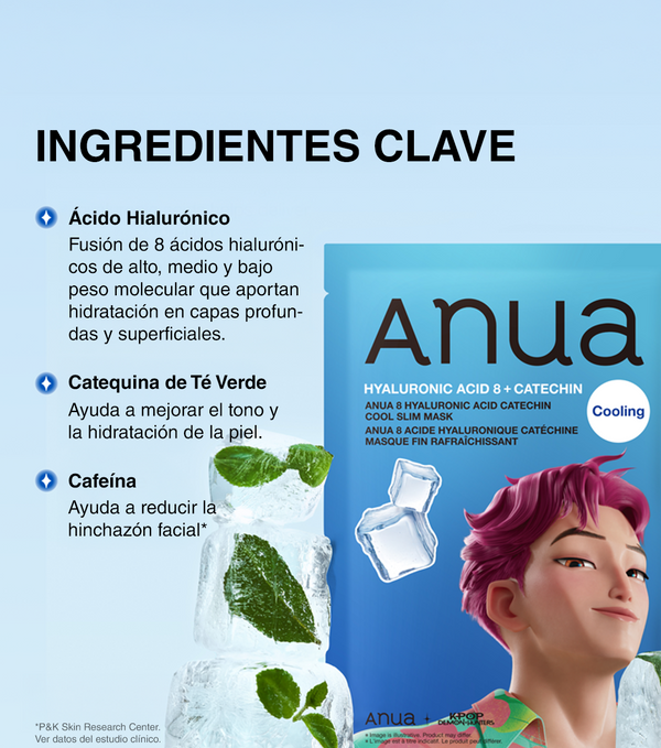 ANUA | 8 Hyaluronic Acid Catechin Cool Slim Mask 1u | Mascarilla Facial Hidratante y Refrescante con Ácido Hialurónico y Catequinas