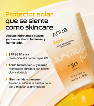 ANUA Zero-Cast Moisturizing Finish Sunscreen 50ml - Protector Solar Hidratante Efecto Invisible con Ácido Hialurónico y Niacinamida
