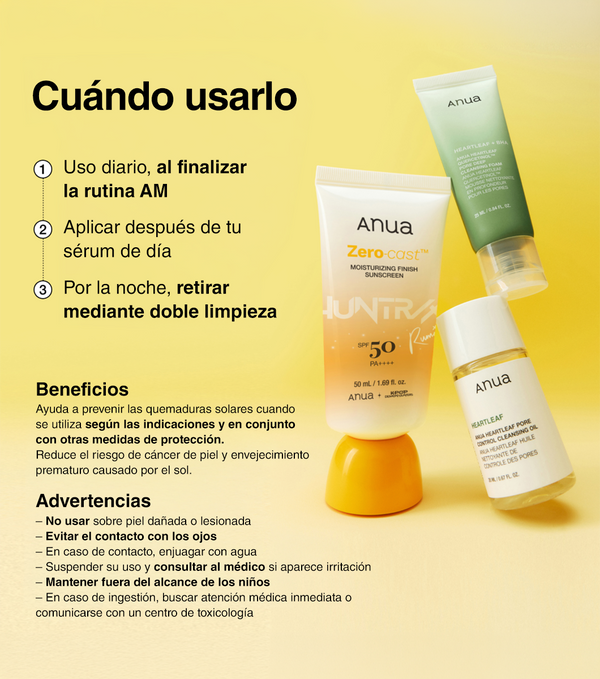 ANUA Zero-Cast Moisturizing Finish Sunscreen 50ml - Protector Solar Hidratante Efecto Invisible con Ácido Hialurónico y Niacinamida