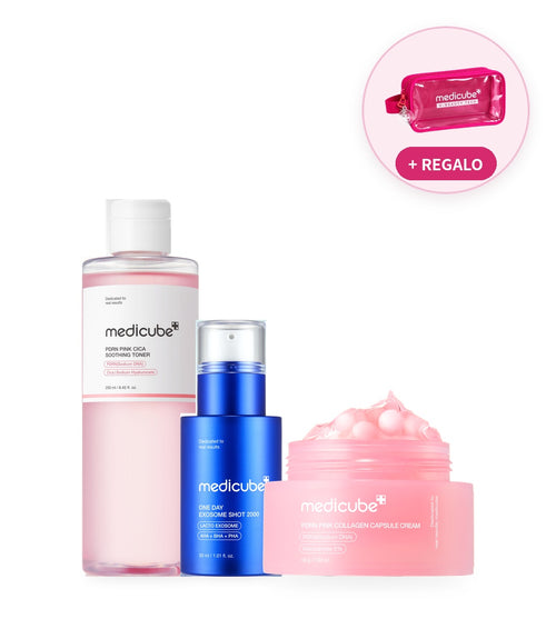 MEDICUBE SET Pink Glow Ritual – PDRN Pink Cica Soothing Toner + One Day Exosome Shot Pore Serum 2000 + PDRN Pink Collagen Capsule Cream