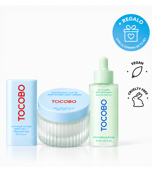 TOCOBO SET Protección Solar e Hidratación – Cica Calming Serum + Multi Ceramide Cream + Cotton Soft Sun Stick