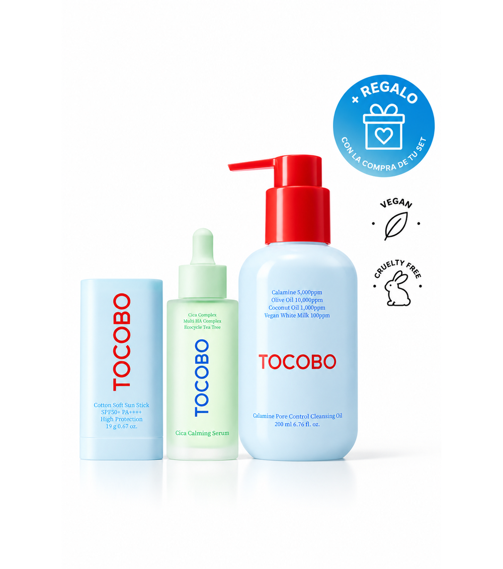 TOCOBO SET Rutina Cica & Sol – Calamine Pore Control Cleansing Oil + Cica Calming Serum + Cotton Soft Sun Stick