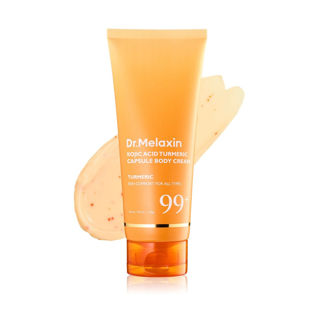 Dr. Melaxin Kojic Acid Turmeric Capsule Body Cream 200 g, envase sobre fondo blanco