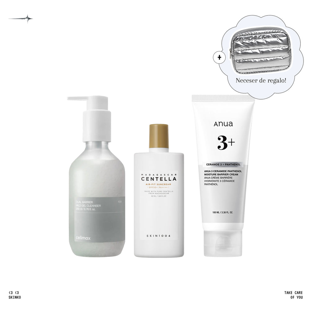 Set 2 para Embarazadas: limpiador Celimax Dual Barrier, protector SKIN1004 Air-Fit y crema Anua 3 Ceramide