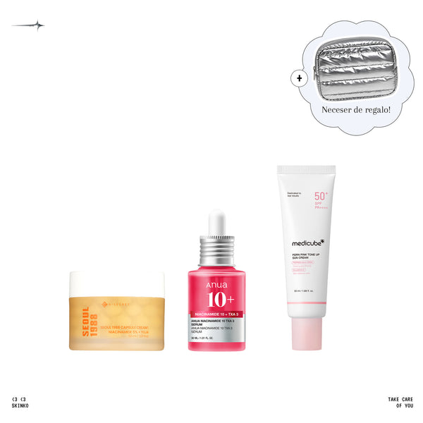 Set 2 para Pieles con Manchas: crema K-SECRET Seoul 1988, sérum Anua Niacinamide 10 + TXA 3 de 30 ml, protector Medicube PDRN Pink Tone Up y neceser de regalo